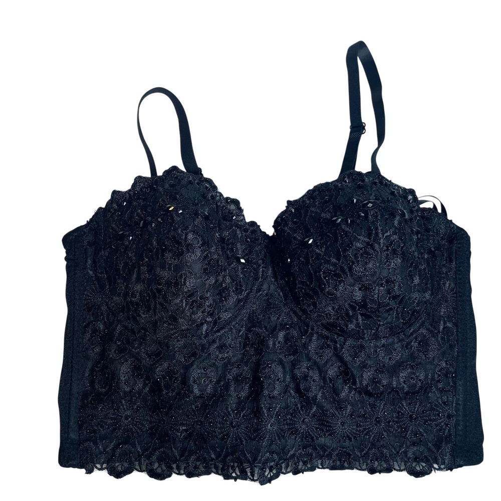 Windsor Black Lace Beaded Bustier Crop‎ Top DS4017-BLACK Small NWT